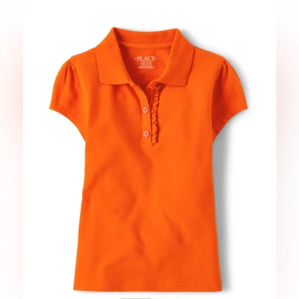 NEW - The Children’s Place Girls Uniform Ruffle Pique Polo - Flame. Medium (7/8)